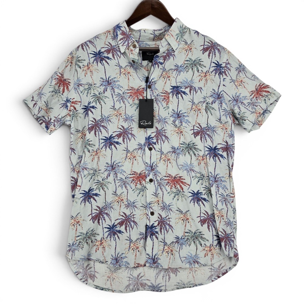 Rails Palm Tree Linen Rayon Camp Shirt Large Coastal Resort Hawaiian NWT